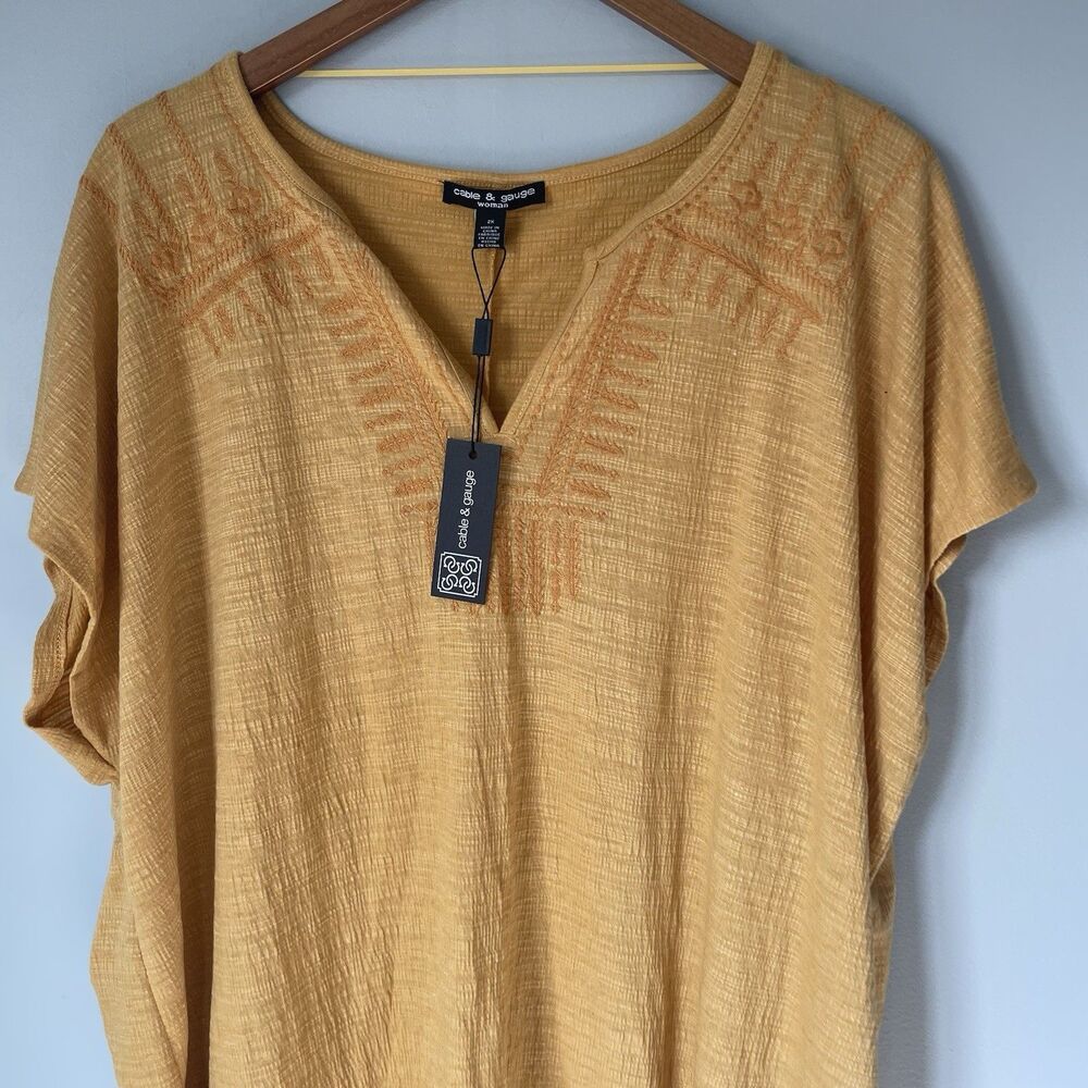 Cable & Gauge Woman Flowy Blouse Top Boho Embroidered Cap Sleeve Yellow Size 3X - Picture 3 of 13
